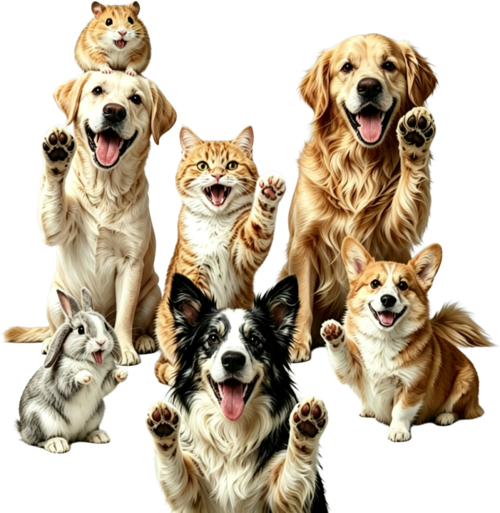 Happy pets waving paws for premium pet supplies and accessories