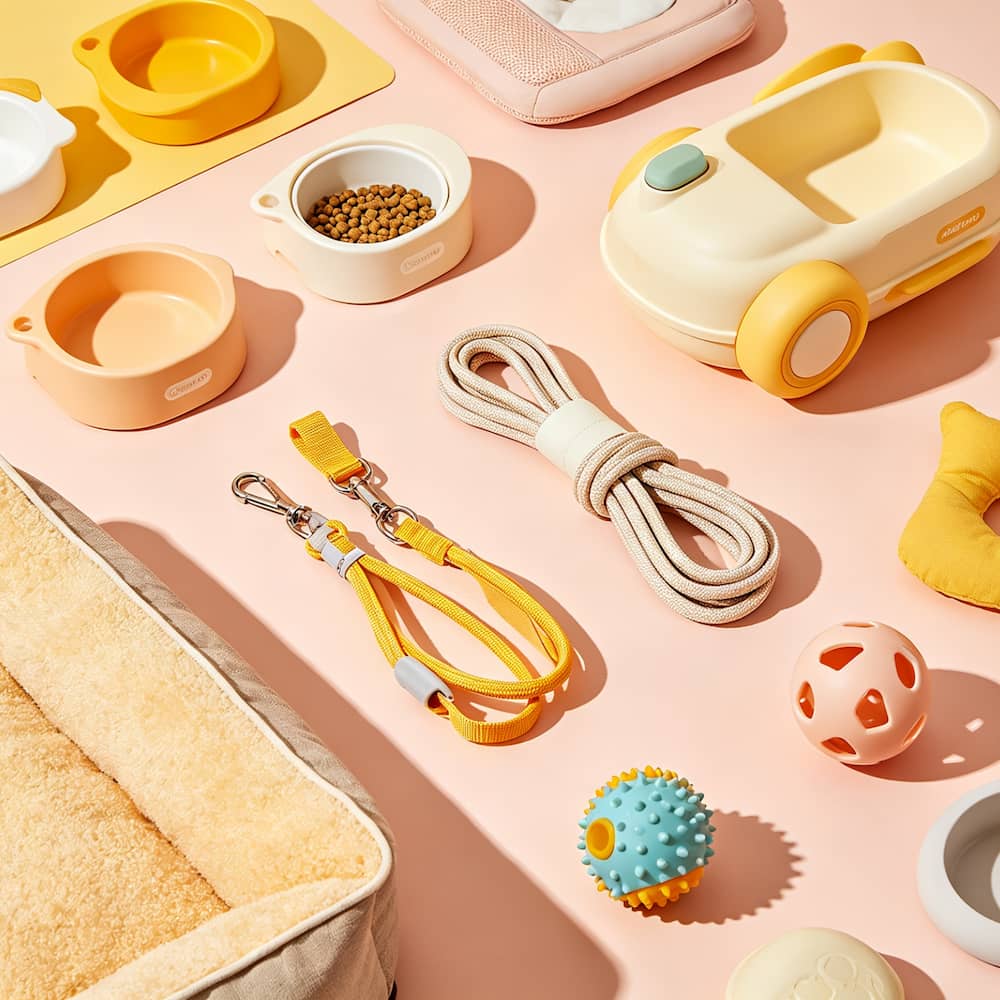 AllyPaw pet supplies collection: bowls, leashes, toys, Beds & more-warm-toned flat lay showcase