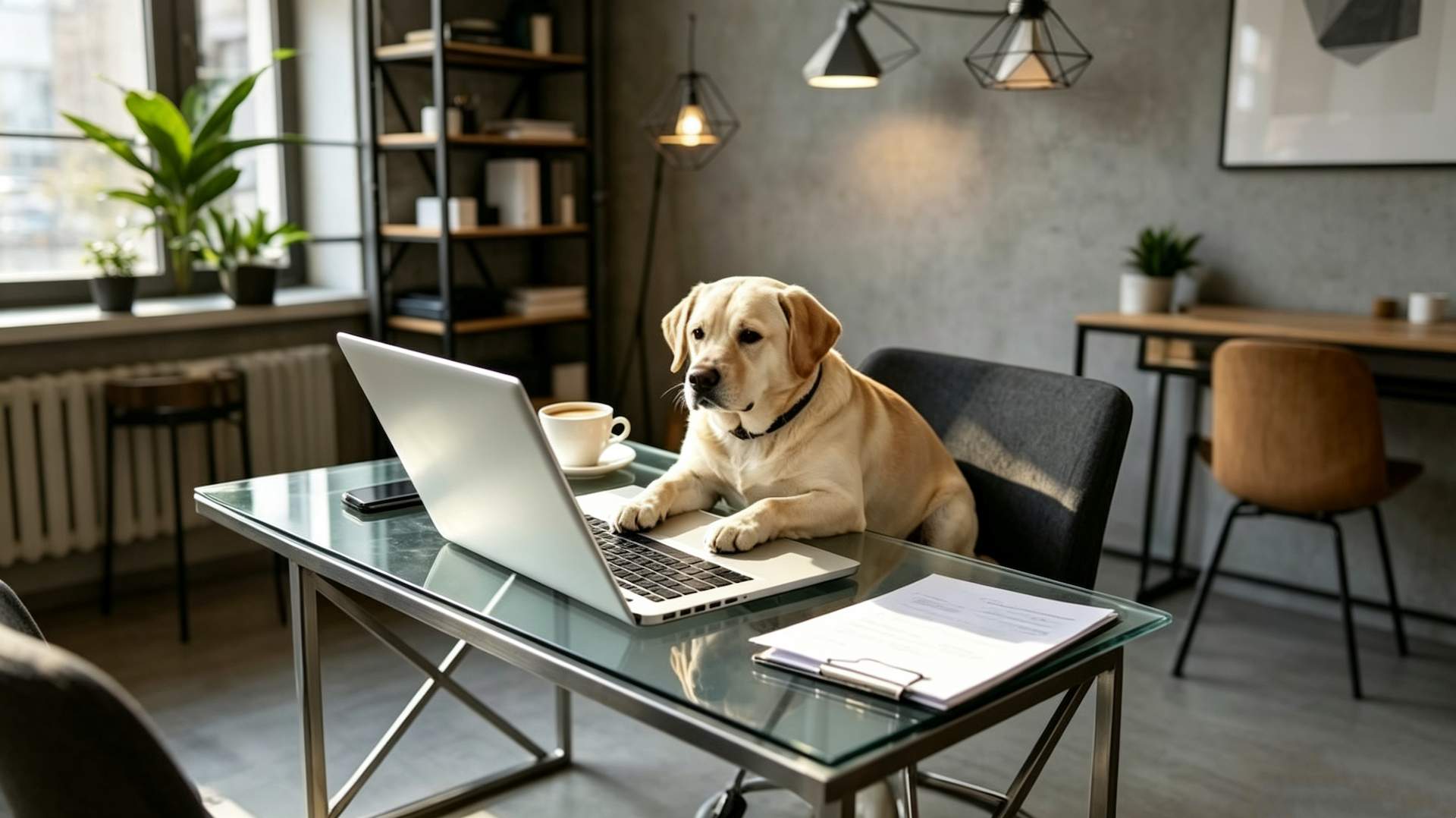 Labrador at work in office, faqs page image