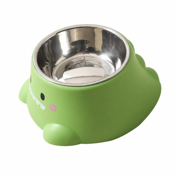 Dinosaur Stainless Steel Cat Dog Bowl 15° Tilt Neck Protection Anti-Slip Anti-Spill Pet Feeding Water Bowl