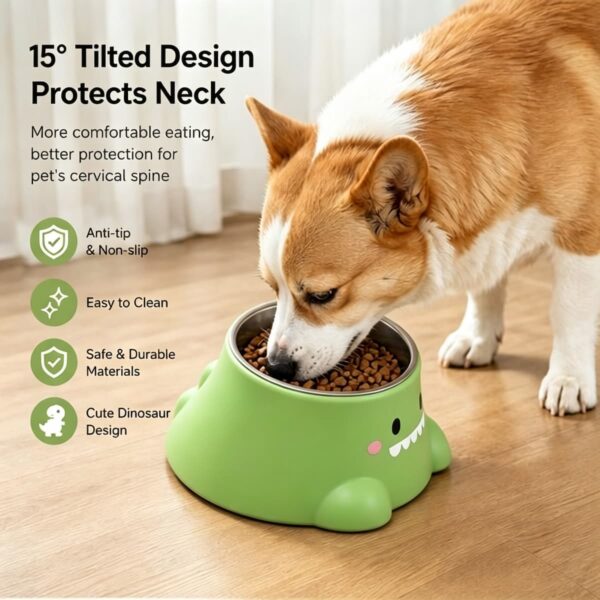 Dinosaur Stainless Steel Cat Dog Bowl 15° Tilt Neck Protection Anti-Slip Anti-Spill Pet Feeding Water Bowl