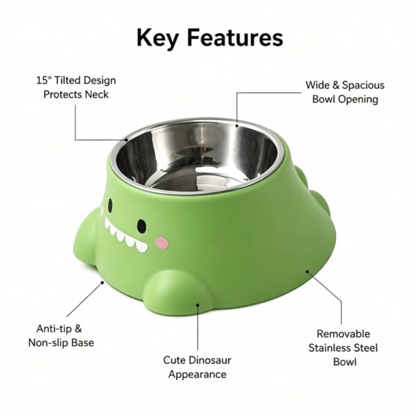 Dinosaur Stainless Steel Cat Dog Bowl 15° Tilt Neck Protection Anti-Slip Anti-Spill Pet Feeding Water Bowl