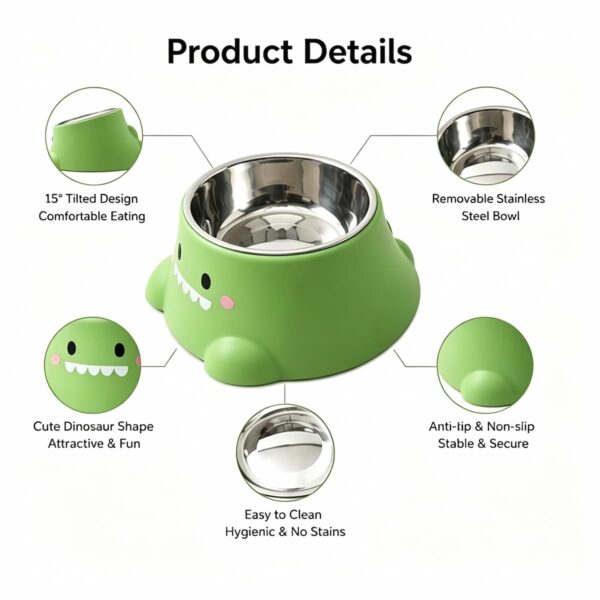 Dinosaur Stainless Steel Cat Dog Bowl 15° Tilt Neck Protection Anti-Slip Anti-Spill Pet Feeding Water Bowl