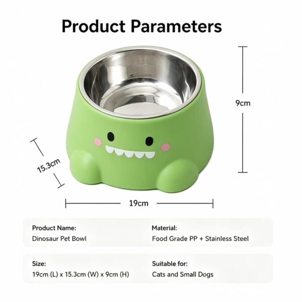Dinosaur Stainless Steel Cat Dog Bowl 15° Tilt Neck Protection Anti-Slip Anti-Spill Pet Feeding Water Bowl