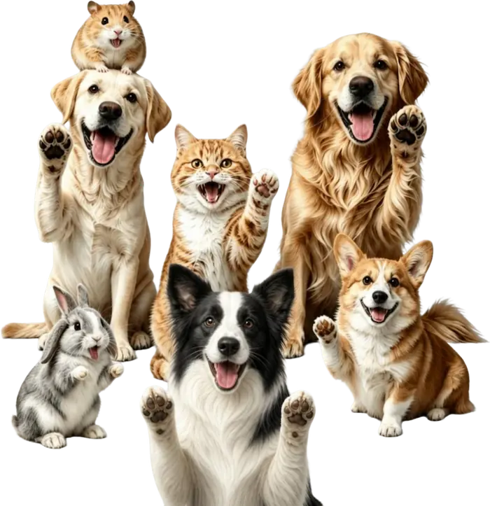 Happy pets waving hello at our pet supplies shop