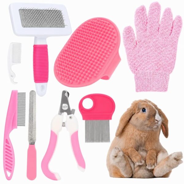 Rabbit Grooming Kit, 8-in-1 Care Set with Nail Clippers, Brushes for All Kinds of Small Pets