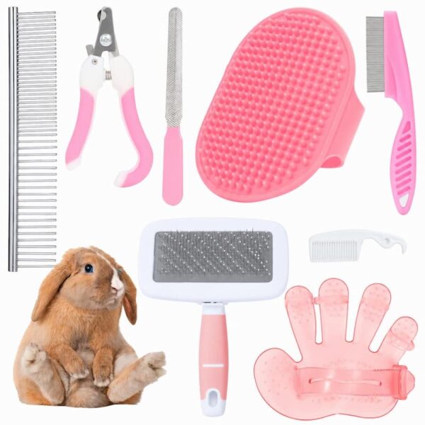 Rabbit Grooming Kit, 8-in-1 Care Set with Nail Clippers, Brushes for All Kinds of Small Pets