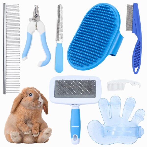 Rabbit Grooming Kit, 8-in-1 Care Set with Nail Clippers, Brushes for All Kinds of Small Pets