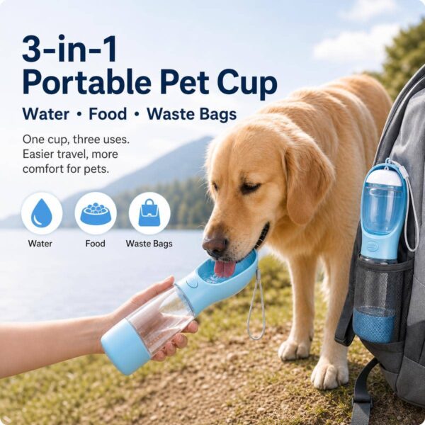 3-in-1 Portable Pet Water & Food Bottle with Poop Bag Dispenser for Dogs and Cats
