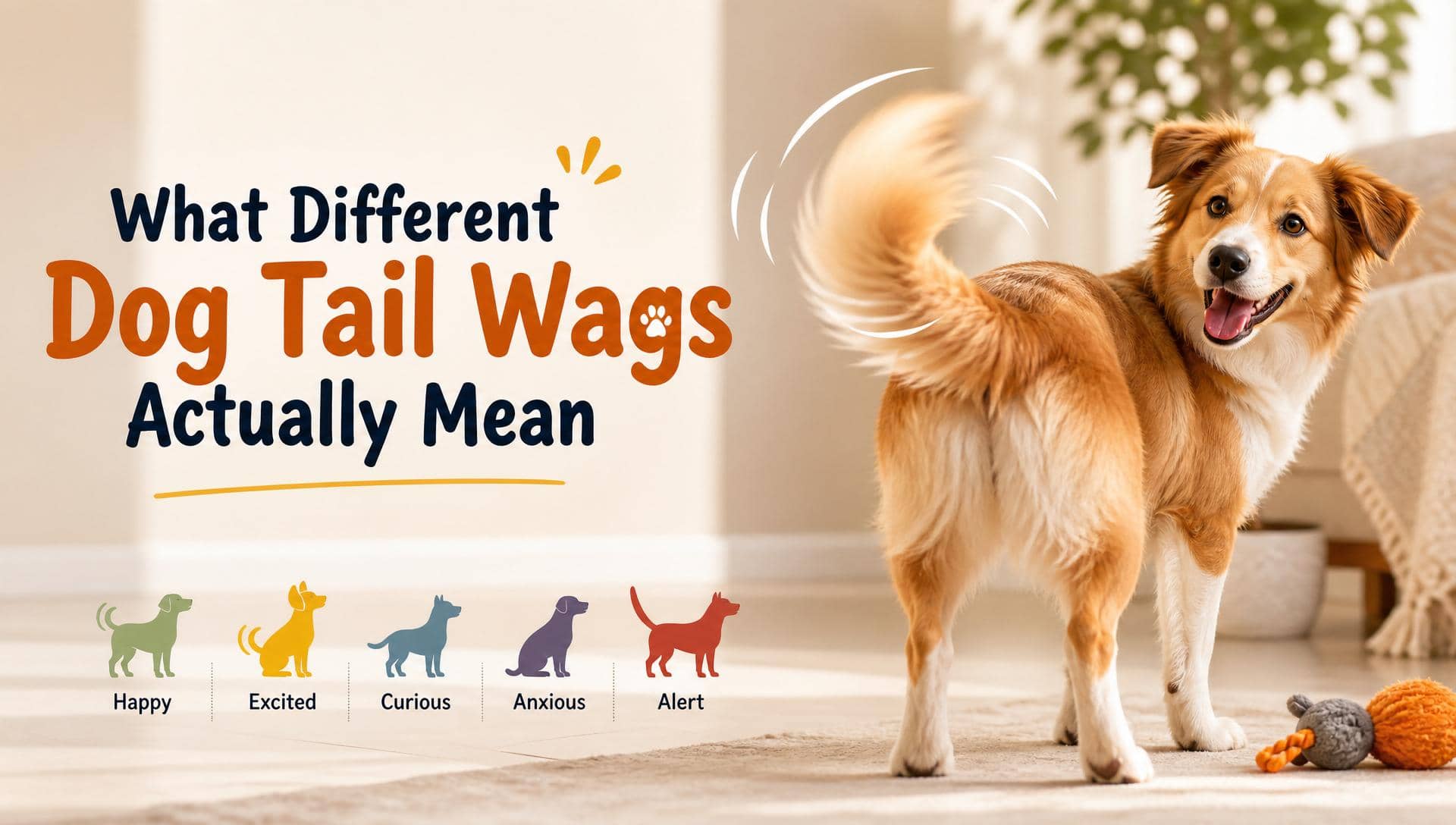 Illustration of dog tail wagging meanings, happy excited curious anxious alert dog body language guide