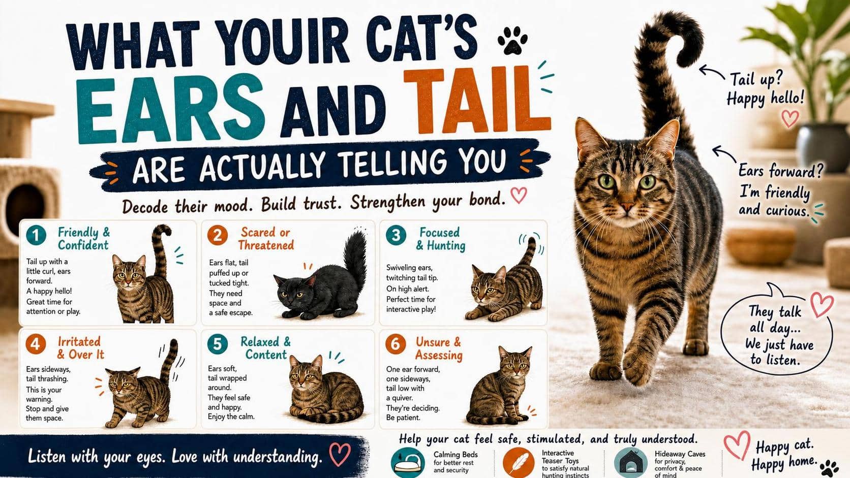Complete guide infographic explaining what different cat ear positions and tail movements mean, 6 feline body language charts showing happy, threatened, focused, annoyed, content and hesitant cat behaviors