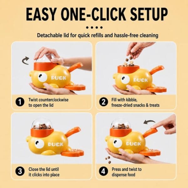 cat-dog-toys-31-3 interactive duck treat dispenser full product operation step shot four step graphic showing refill and dispense process for cat dog snacks
