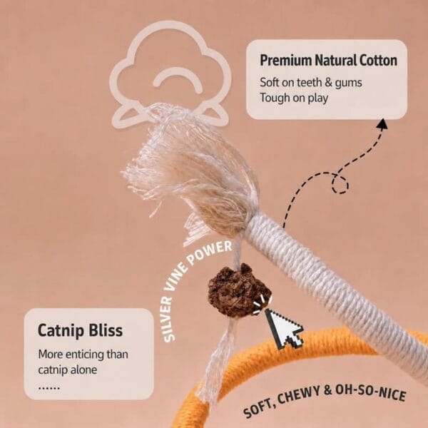 cat-toys-33-1 natural cotton silver vine cat chew rope toy material close up showing braided cord wood fruit tassel and soft teeth safe woven texture