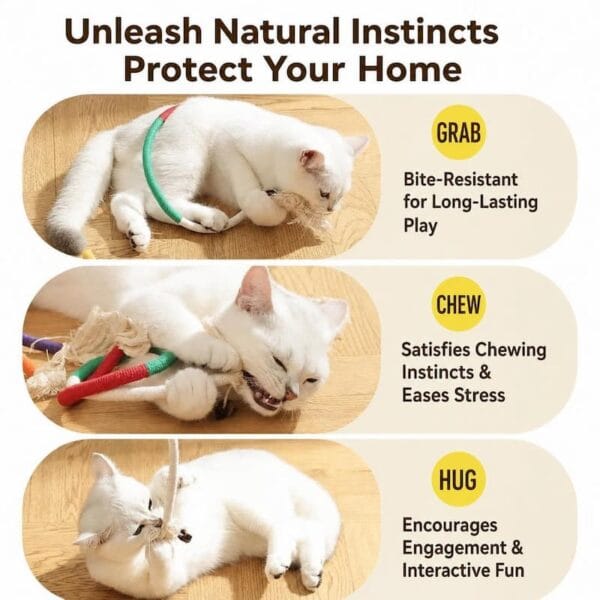 cat-toys-33-2 cat chew rope silver vine toy pet using scene showing three cats grabbing chewing and hugging colorful rope toys to release hunting instinct