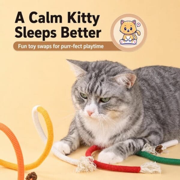 cat-toys-33-3 stress relief silver vine cat rope toy cat resting scene showing calm kitty playing with soft colorful cotton rope play toys on flat floor