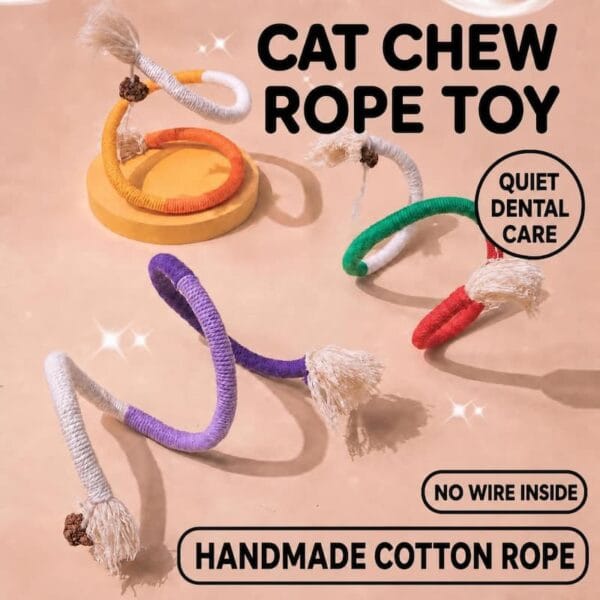 cat-toys-33-6 handmade cotton cat chew rope toy full product overall shot showing multiple loop rope toys with silver vine fruit no wire inside quiet dental chew design