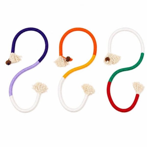 cat-toys-33-7 silver vine cat teething rope toy full product overall shot showing three pieces of 8 shaped two tone braided cotton chew toys with tassels and fruit ornaments