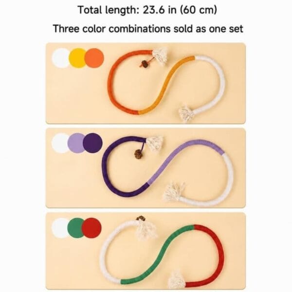 cat-toys-33-9 three pack silver vine cat chew rope full product overall shot showing three two tone colored 60 cm braided toys with tassels and fruit ornaments