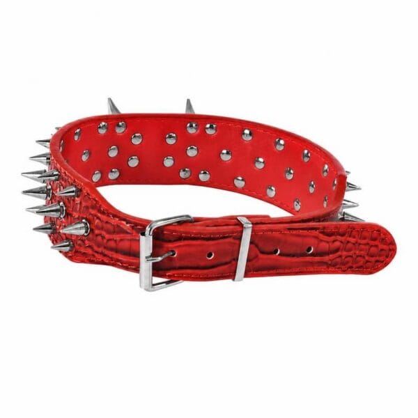 dog-apparel-accessories-32-3 extra wide crocodile grain dog collar full product shot featuring bright red pu leather lined with metal spikes studs and multiple length adjustment holes