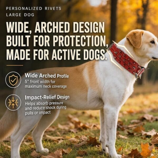 dog-apparel-accessories-32-5 wide protective dog neck strap pet lifestyle photo of a large dog wearing the red spiked stud collar standing outside on autumn fallen leaves