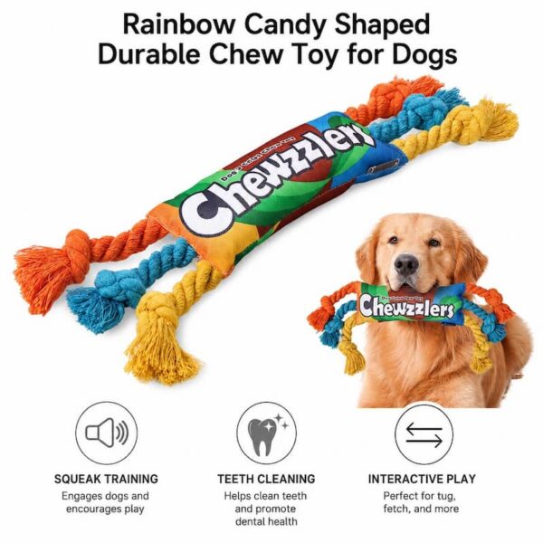 dog-toys-22-4 Dog Toy, Rainbow Candy Shaped Squeaky Rope Toy for Teeth & Interactive Play