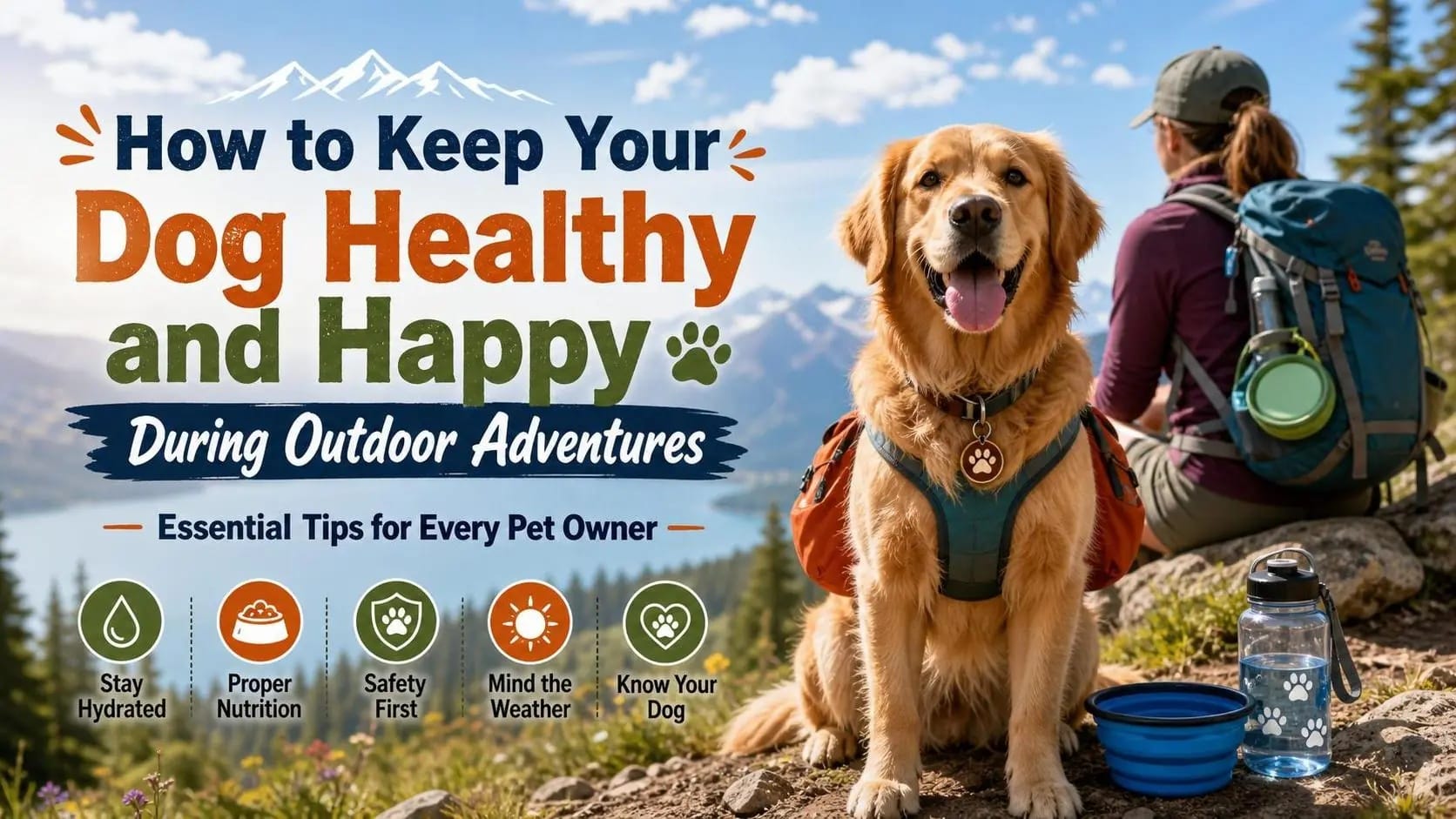 Golden retriever hiking by mountain lake. Infographic with tips to keep dogs healthy & happy during outdoor adventures.