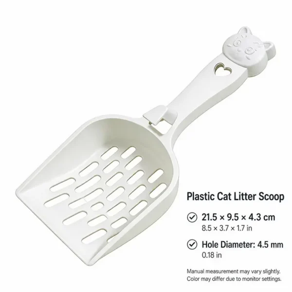 cat-litter-scoop-38-2 plastic cat litter scoop full overall shot with dimension size data and hole measurement info printed on white background