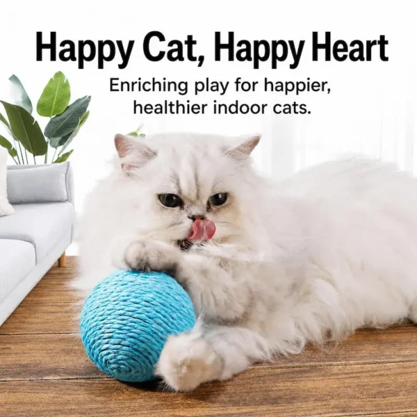 cat-toy-ball-40-1 interactive sisal cat toy ball with cat playing indoors on wooden floor living room scene