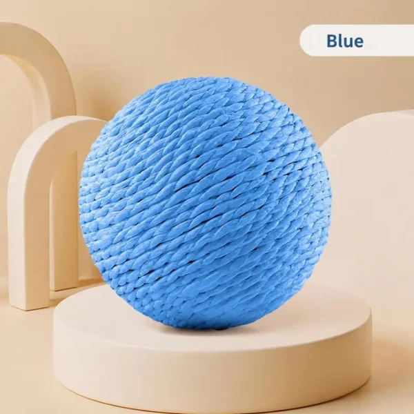 cat-toy-ball-40-2 solid blue woven sisal cat toy ball full product shot on beige display stand