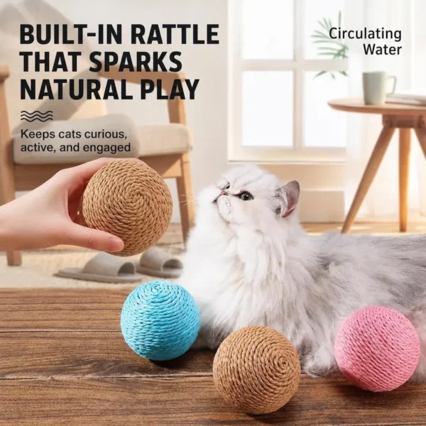 cat-toy-ball-40-6 rattle sisal cat toy balls laid on wooden floor cat watching toy in home interior scene