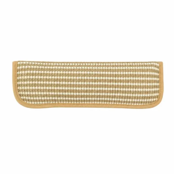 catnip-pillow-toy-for-cats-36-1 natural jute catnip scratch pillow full product flat lay shot beige striped woven surface soft suede trim slim rectangular shape plain white background