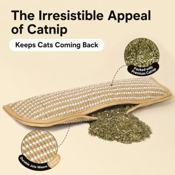 catnip-pillow-toy-for-cats-36-3 catnip filled cat cushion material feature shot open pillow revealing loose premium catnip durable woven jute texture closeup beige neutral backdrop
