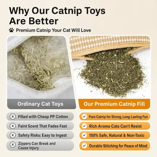 catnip-pillow-toy-for-cats-36-4 premium catnip cat toy comparison chart side by side view cheap cotton stuffed toy versus all natural catnip filled scratch cushion text detail graphics