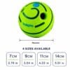 dog-rolling-squeaky-ball-toy-37-1 dog rolling squeaky ball toy full overall shot with four available diameter size measurement chart showing 7cm 9cm 11cm 14cm dimensions in centimeters and inches