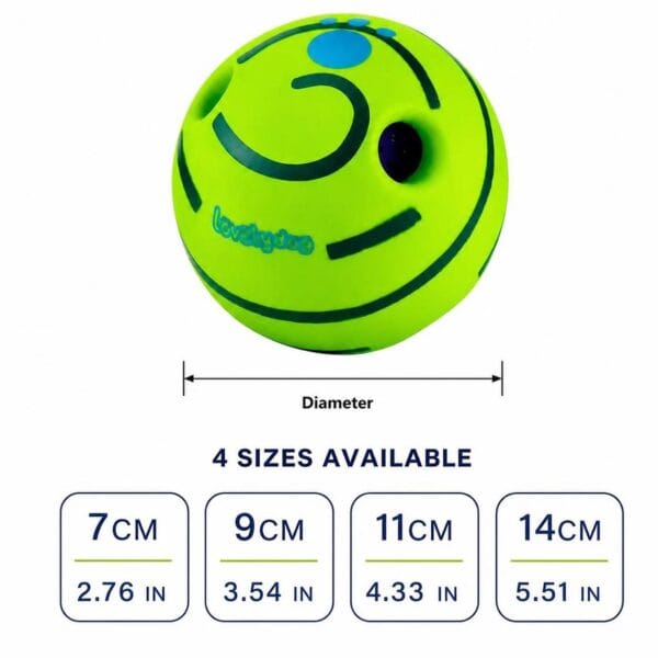 dog-rolling-squeaky-ball-toy-37-1 dog rolling squeaky ball toy full overall shot with four available diameter size measurement chart showing 7cm 9cm 11cm 14cm dimensions in centimeters and inches