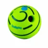 dog-rolling-squeaky-ball-toy-37-2 interactive puppy squeaky play ball complete full product close up shot bright green textured rubber surface with lovelydog printed logo and multiple sound holes