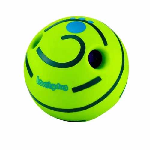 dog-rolling-squeaky-ball-toy-37-2 interactive puppy squeaky play ball complete full product close up shot bright green textured rubber surface with lovelydog printed logo and multiple sound holes
