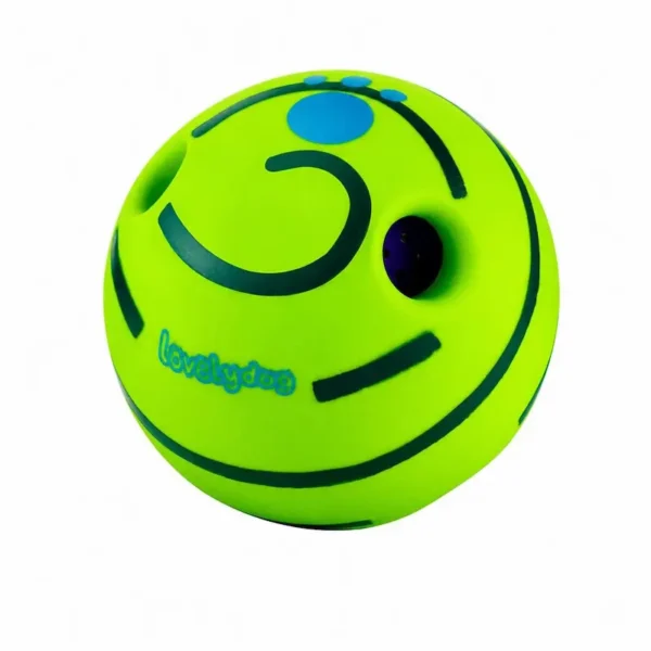 dog-rolling-squeaky-ball-toy-37-2 interactive puppy squeaky play ball complete full product close up shot bright green textured rubber surface with lovelydog printed logo and multiple sound holes