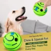 dog-rolling-squeaky-ball-toy-37-3 treat free dog rolling squeaky ball pet using scene golden retriever dog looking up excited at hand holding the green interactive chew toy ball indoors on sofa