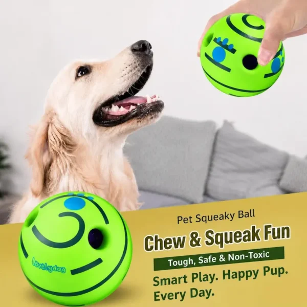 dog-rolling-squeaky-ball-toy-37-3 treat free dog rolling squeaky ball pet using scene golden retriever dog looking up excited at hand holding the green interactive chew toy ball indoors on sofa