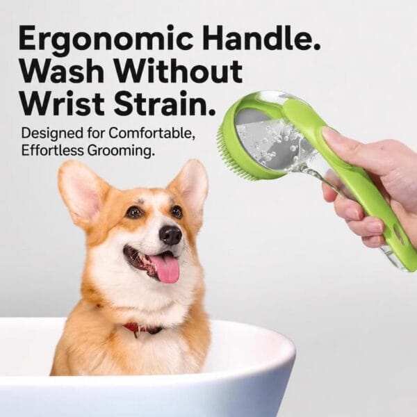 pet-bath-brush-34-1 pet bath brush press dispense silicone massager dog bathing scene with corgi puppy in tub hand holding green long handle pet shower groomer ergonomic grip design demonstration