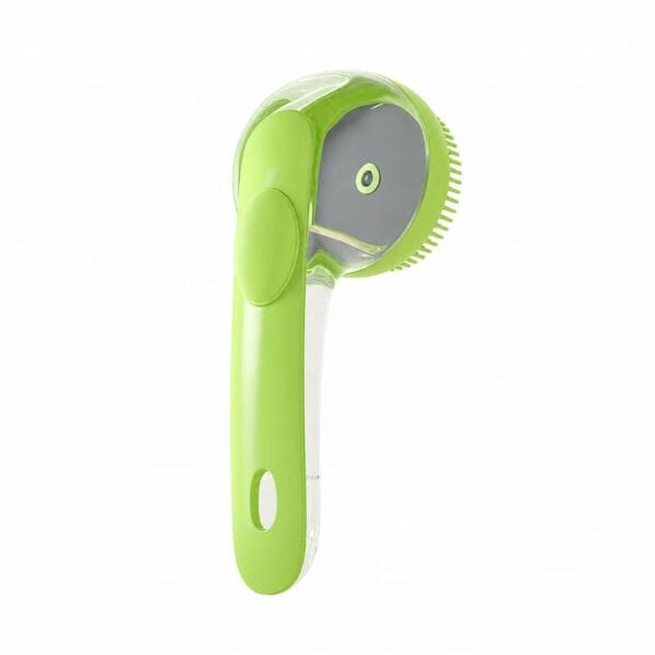 pet-bath-brush-34-10 press dispense silicone pet bath massager full standalone overall product shot solid white background green long handle groomer with transparent liquid tank and round silicone brush head hanging hole on grip end