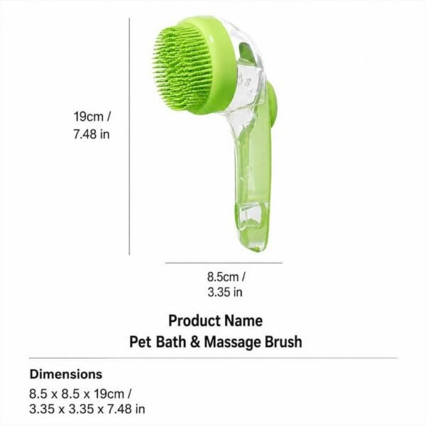 pet-bath-brush-34-6 pet bath massage brush product size comparison chart green vertical tool marked length 19cm width 8.5cm clear dimension labels over blank white backdrop