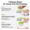 pet-bath-brush-34-7 pet bath brush three step operation guide graphic showing leak proof cap opening adding shampoo water pressing button to create foam for cat dog grooming