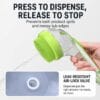 pet-bath-brush-34-8 press dispense pet shower groomer liquid release feature close up shot clear liquid streaming out silicone brush head air lock valve inset detail view