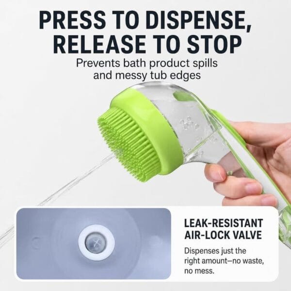 pet-bath-brush-34-8 press dispense pet shower groomer liquid release feature close up shot clear liquid streaming out silicone brush head air lock valve inset detail view