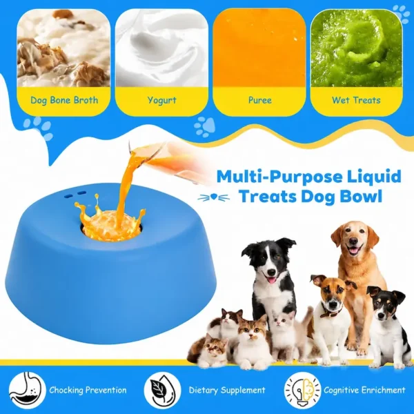 pet-lick-bowl-35-1 multi purpose liquid treat dog lick bowl full promotional graphic showing usable fillings bone broth yogurt puree wet treats plus pet benefit icons with dogs and cats illustrated