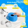pet-lick-bowl-35-2 food grade rubber dog lick bowl material cleaning close up shot showing detachable parts rinsing under sink tap with four hygiene feature labels on graphic layout