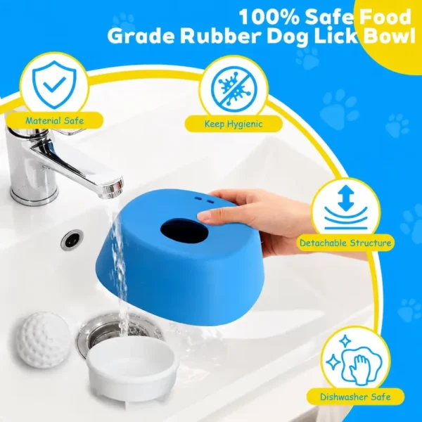 pet-lick-bowl-35-2 food grade rubber dog lick bowl material cleaning close up shot showing detachable parts rinsing under sink tap with four hygiene feature labels on graphic layout