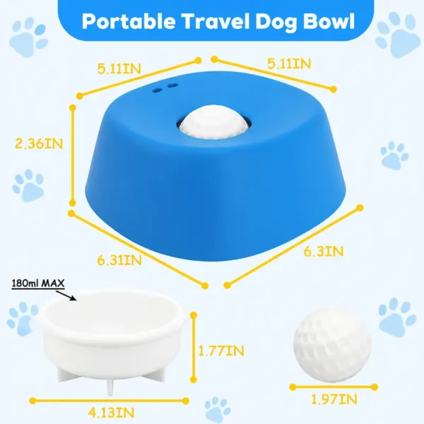 pet-lick-bowl-35-3 portable travel dog lick bowl size measurement diagram full product dimension layout listing inch measurements and 180ml max capacity for inner treat tray and golf lick ball accessory